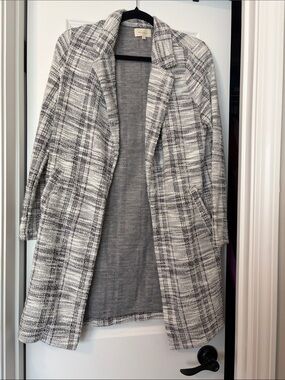 Open-Front Plaid Trench Coatigan - Gray/White